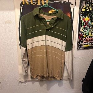 Green and Tan Striped Men's Shirt (No Top Buttons)